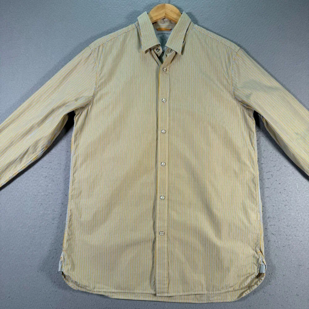 Banana Republic Pearl‎ Snap Shirt Mens Medium Slim Fit Yellow Stripes Comfort